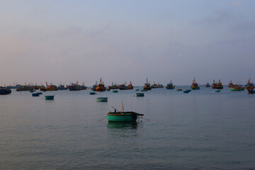 Traditional, round Vietnamese boats on the bay
