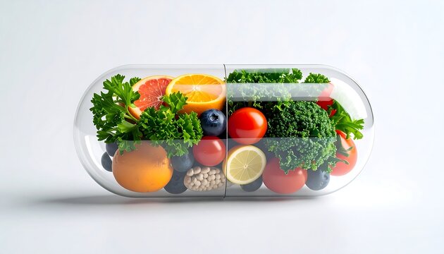 Transparent Capsule Filled with Fruits and Greens