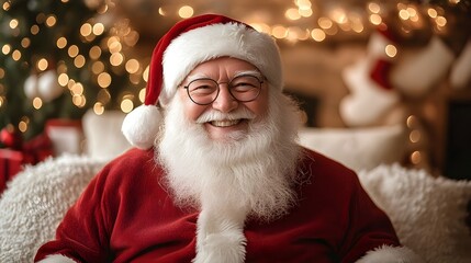 Santa Claus cheerfully smiling while seated, surrounded by sparkling Christmas lights and decor