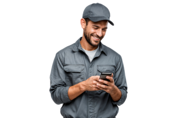 Smiling mechanic or construction worker in uniform using smartphone, texting or browsing. Isolated on white background