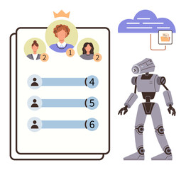 Robot assessing candidate profiles, ranking leaderboard with cloud data storage. Ideal for recruitment, HR technology, innovation, AI processes, digital transformation, data management, simple flat