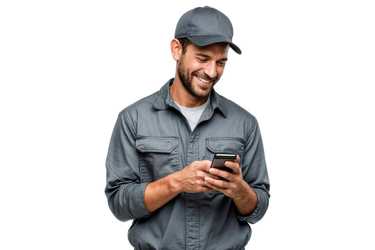 Smiling mechanic or construction worker in uniform using smartphone, texting or browsing. Isolated on white background