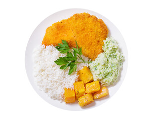 plate of chicken schnitzel with rice, salad and pumpkin isolated on transparent background, top view