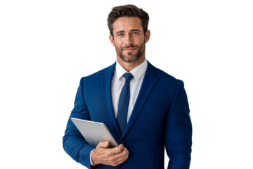 Confident businessman in a blue suit holding a tablet, looking at the camera with a slight smile. Isolated on transparent background. Professional and corporate concept