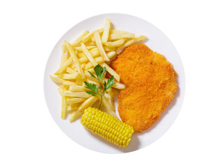plate of chicken schnitzel, french fries and corn isolated on transparent background, top view
