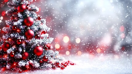 Festive image showcasing a vibrant red-decorated Christmas tree surrounded by falling snow