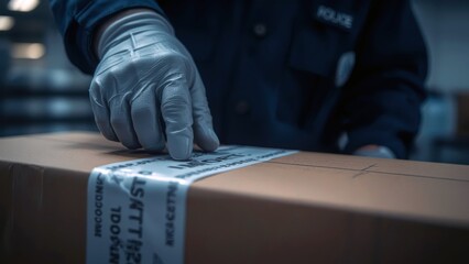 Import Tariffs. Police officer with black gloves inspecting package fo