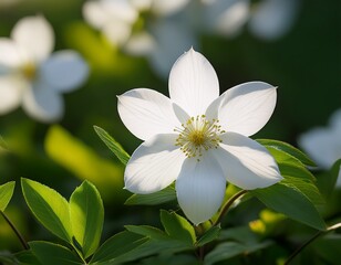 Obraz premium a close up of a delicate white flower with five petals surrounded by green leaves and blurred white flowers in the background