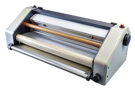 Modern office laminating machine with rollers and controls for document protection and preservation isolated on transparent background