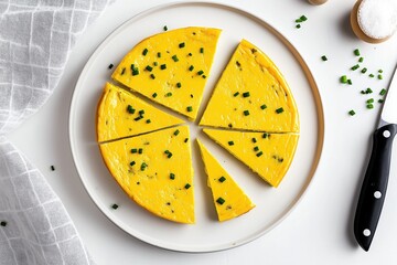 Dutch oven frittata cut into triangular slices, topped with chives, white plate, kitchen setting