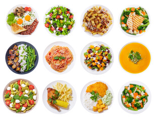set of various plates of food isolated on transparent background, top view