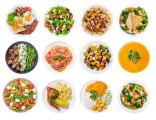 set of various plates of food isolated on transparent background, top view