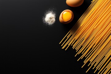 Perfectly aligned rows of raw spaghetti, egg yolk and flour on black background