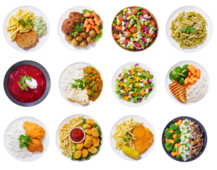 set of various plates of food isolated on transparent background, top view