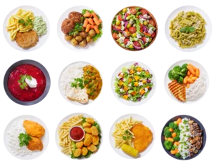 Fotobehang set of various plates of food isolated on transparent background, top view © Nitr