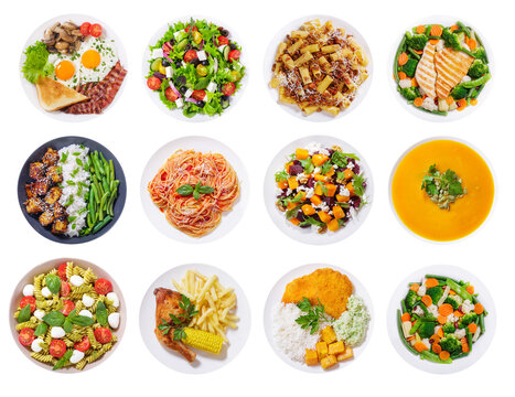 set of various plates of food isolated on transparent background, top view - Powered by Adobe