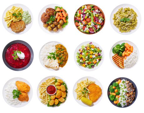 set of various plates of food isolated on transparent background, top view