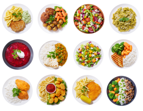 set of various plates of food isolated on transparent background, top view