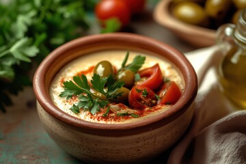 Bowl of hummus topped with cherry tomatoes, olives, and parsley. Healthy Mediterranean dip on rustic surface
