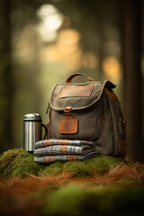 Camping backpack with blanket and thermos placed on mossy ground in forest environment