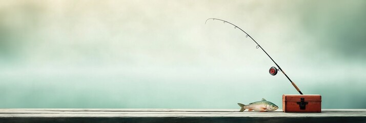 Fishing rod and box with fish on wooden pier, calm water background