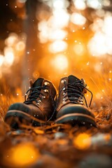 Black boots placed on ground in outdoor forest setting with autumn foliage