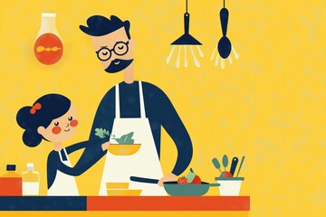 Father cooking with daughter in colorful kitchen, playful activity, smiling expressions
