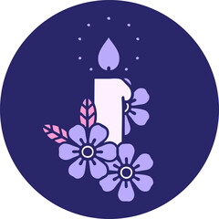 iconic tattoo style image of a candle and flowers in bright neon color