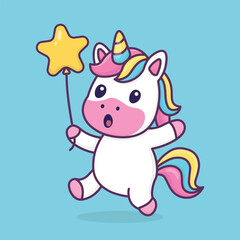 Cute Unicorn with Star Balloon Cartoon Illustration