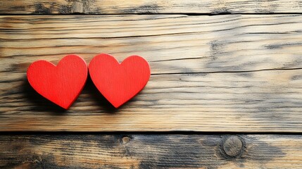 Two Wooden Red Hearts on Rustic Wooden Surface, Symbolizing Love and Connection