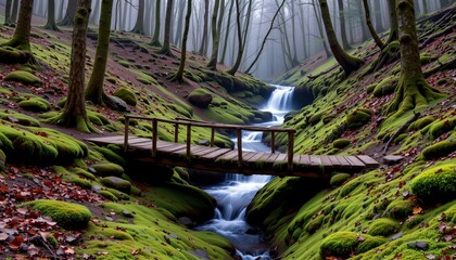 a serene forest scene, dominated by a natural landscape with vibrant greenery