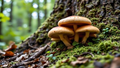 a vibrant forest setting with mushrooms prominently displayed. two clusters of mushrooms are visible