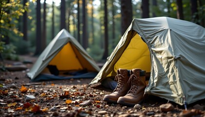 a scene in a wooded area with two tent pitches set up. the tents are green and brown, resembling campsites or outdoor recreational areas.