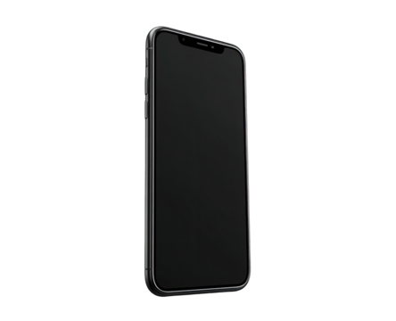 A sleek, dark-grey smartphone with a large, dark screen is shown at a slight angle against a black background. The phone's edges are subtly curved