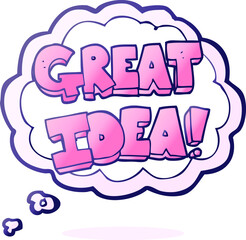 freehand drawn thought bubble cartoon GREAT IDEA symbol in bright neon color