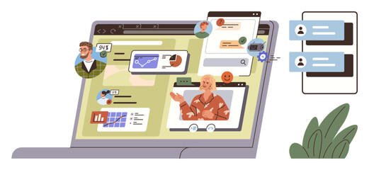 Laptop screen featuring video calls, messaging, file sharing, and graphs with diverse team avatars. Ideal for teamwork, remote collaboration, virtual meetings, productivity, communication