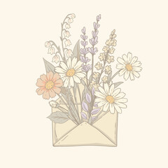 Vector vintage floral envepole rustic greeting card, cottagecore neutral colors lavender and roses flowers