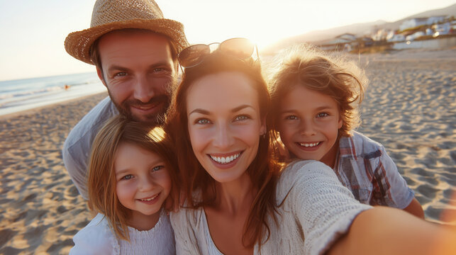 Happy family taking a selfie on the beach during sunset, enjoying their summer vacation - Powered by Adobe
