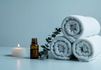 Minimalist Spa Scene with Rolled White Towels, Amber Essential Oil Bottle, and Eucalyptus on Light Background