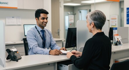 A man and a woman at a bank counter, exchanging a document.