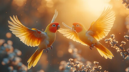 Two Vibrant Lovebirds Flying in Harmony Against a Sunset Background