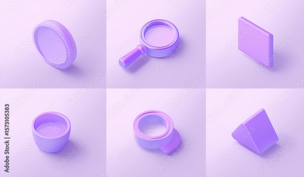 Fototapete 3D illustration of a set of minimalistic purple geometric objects on a light background, creating a modern aesthetic.
