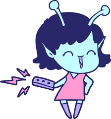 cartoon alien girl laughing with remote control in bright neon color