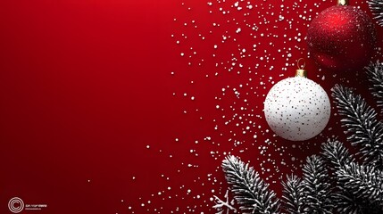 ecorative Christmas ornaments with snowflakes resting on frosted fir branches against a vivid red background.