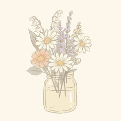 Vector vintage floral vase greeting card, cottagecore neutral colors flowers