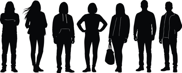 Silhouettes of standing young men and women in casual winter outfits, hoodies and jackets, isolated black vector on white background