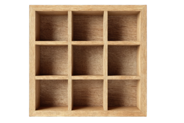 Empty, light brown wooden box with nine equal compartments, viewed from above.  The wood grain is subtly visible