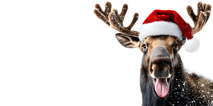 Festive Moose Wearing Santa Hat Posing for Holiday Celebration