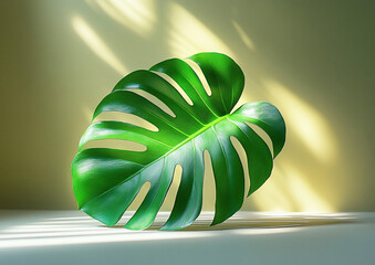 Still life. Monstera leaf on a solid background.