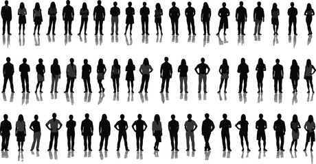 Collection of standing male and female silhouette figures with realistic reflections, black isolated vector people icons on white background